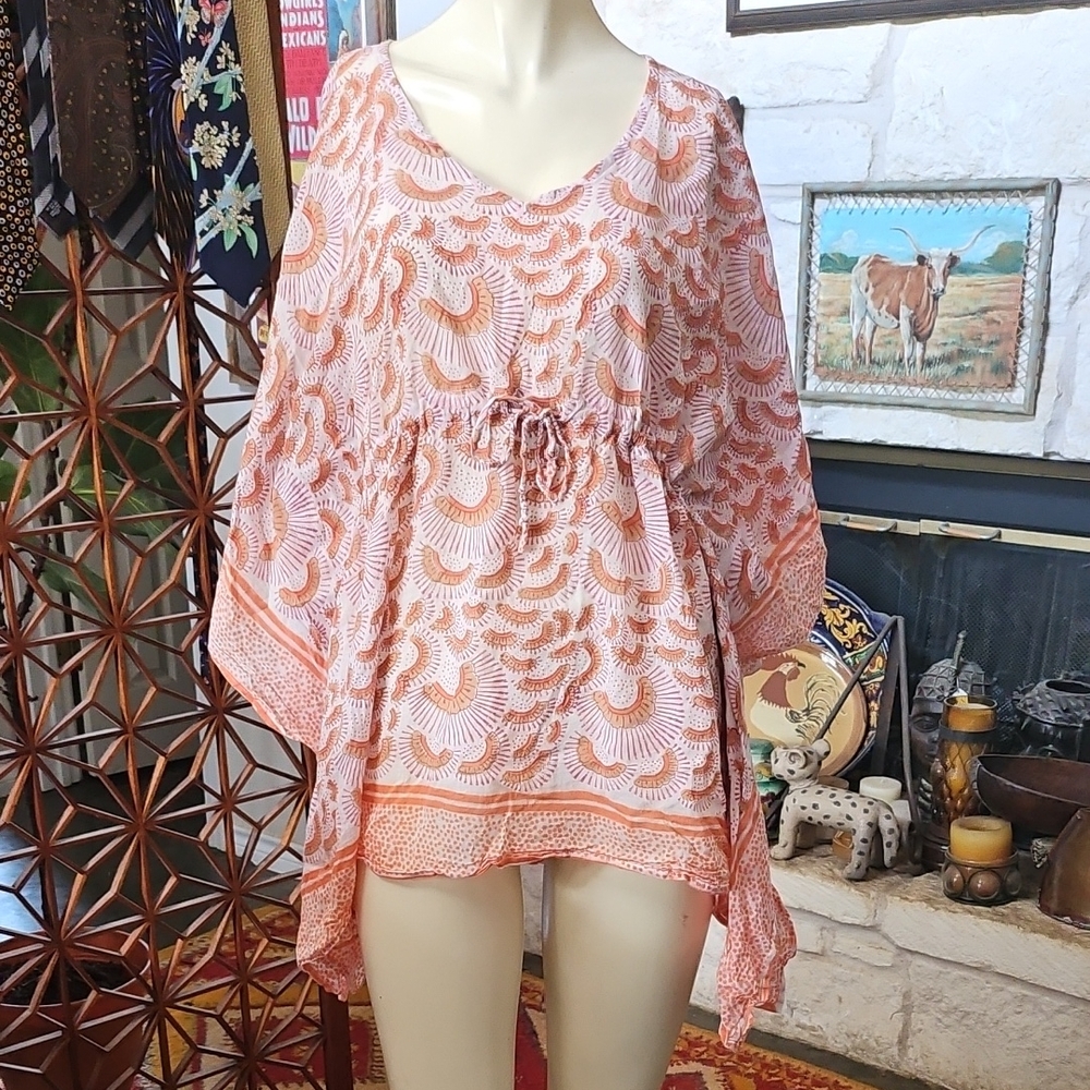 Handmade? Roomy Cotton Hankie Scarf Blouse Butterfly Sleeves One Size